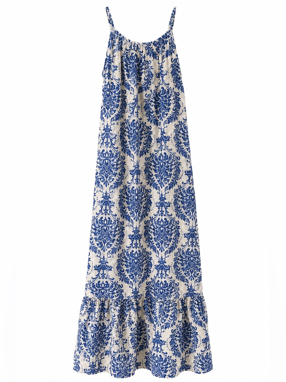 Blue and White Damask Print Maxi Dress